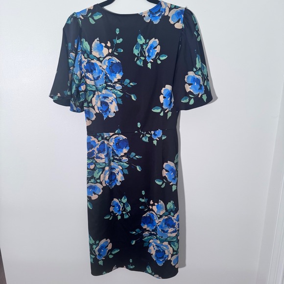 Zara Black and Blue Floral Print V Neck Short Sleeve Midi Dress - Picture 8 of 9